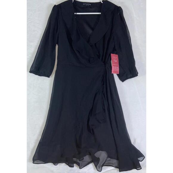 TRUTH & FABLE 188942 Womens Avery Chiffon 3/4 Sleeve Wrap Dress Black Size Large - Picture 1 of 11